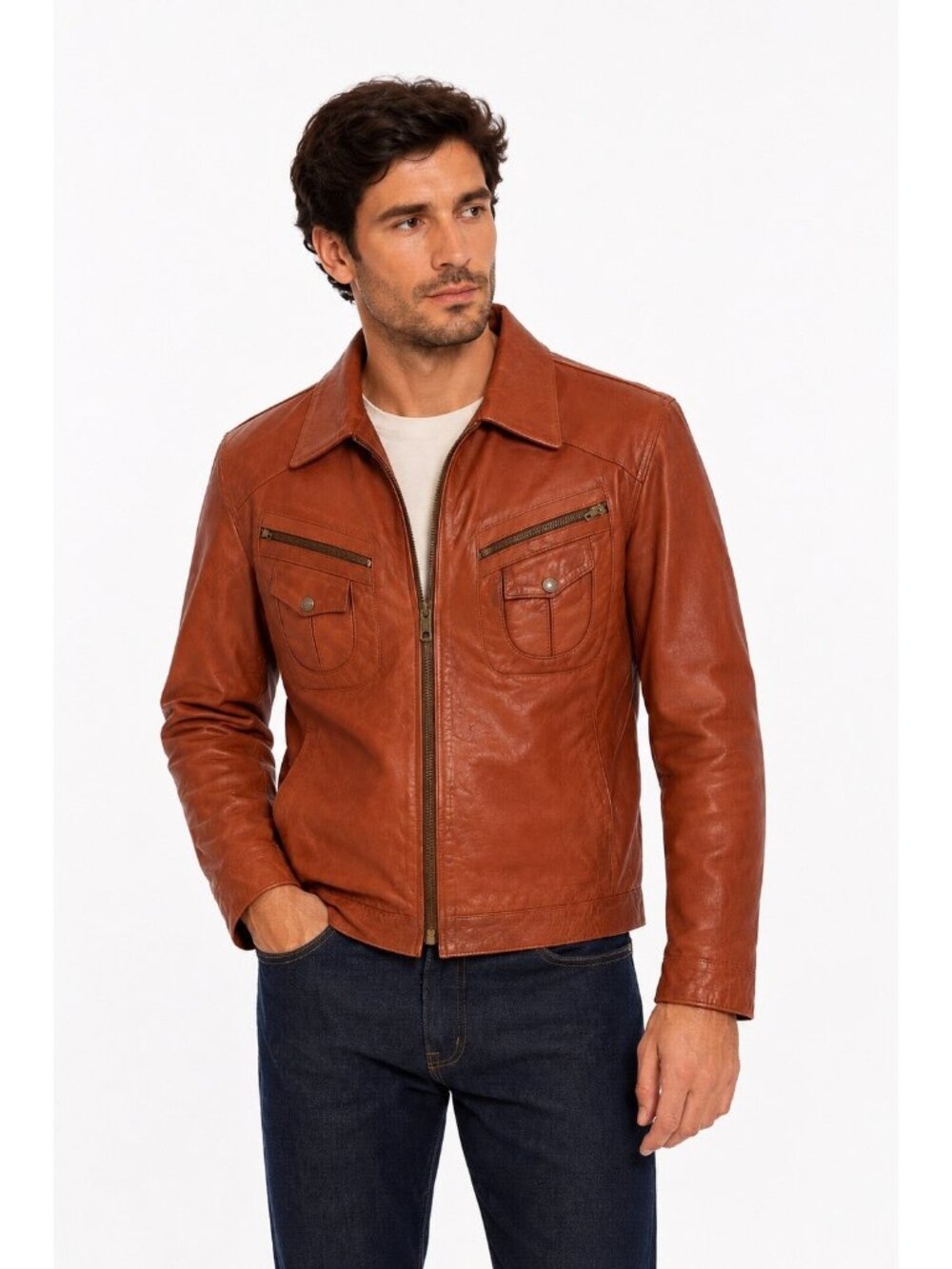 vintage 70s CHESS KING leather jacket cognac XL moto cafe racer western biker
